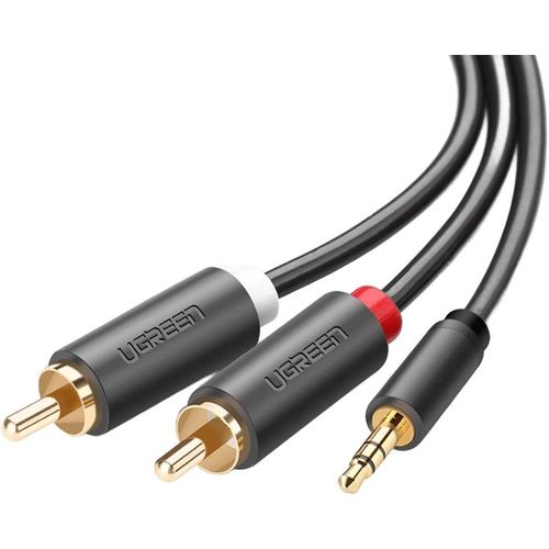 Кабель UGREEN AV102, Jack 3.5 (f) (прямой) - 2xRCA (m) (прямой), GOLD , ферритовый фильтр , 0.25м, серый [10561]