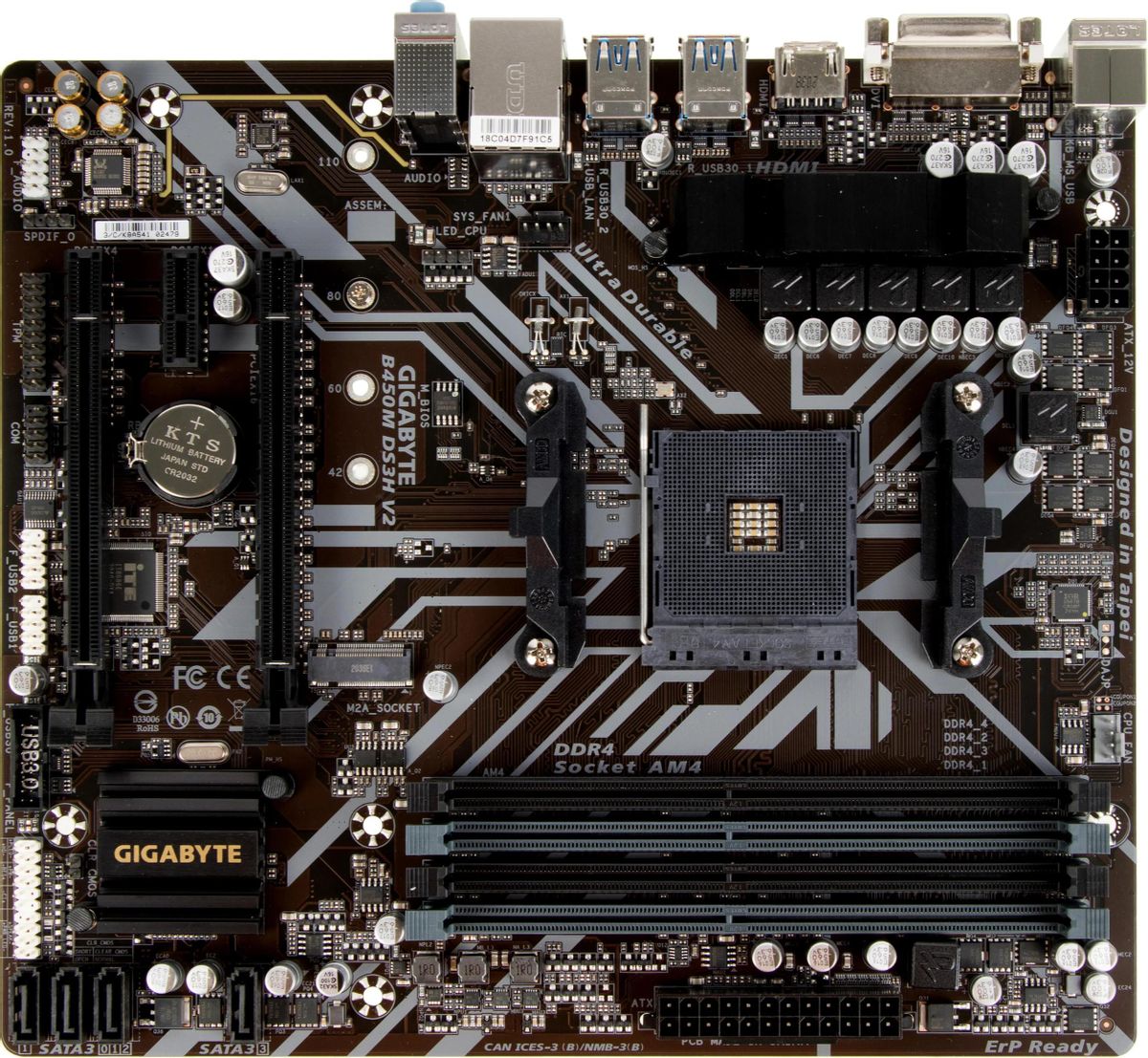 Характеристики Материнская плата GIGABYTE B450M DS3H V2, SocketAM4, AMD  B450, mATX, Ret (1429279) смотреть в СИТИЛИНК