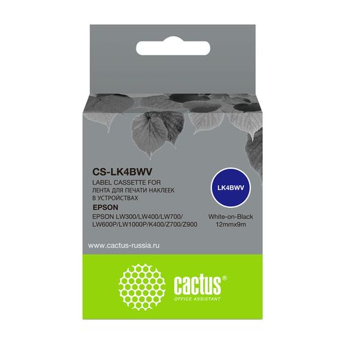 Картридж Cactus CS-LK4BWV, LK-4BWV, 12мм, белый шрифт, черный фон, 9м, CS-LK4BWV
