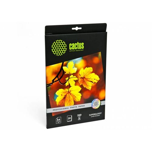 Фотобумага Cactus Prof, A4, для струйной печати, 20л, 260г/м2, белый, покрытие глянцевое [cs-hga426020]