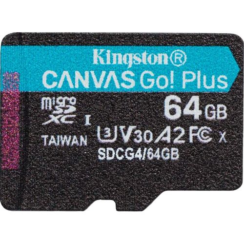 Карта памяти microSDXC UHS-I U3 Kingston Canvas Go! Plus 64 ГБ, 200 МБ/с, Class 10, SDCG4/64GBSP, 1 шт., без адаптера