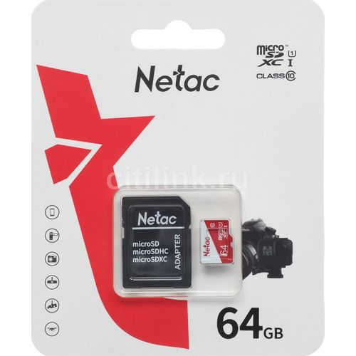 Карта памяти microSDXC UHS-I U1 NETAC P500 Eco 64 ГБ, 80 МБ/с, Class 10, NT02P500ECO-064G-R, 1 шт., переходник SD