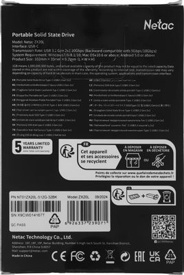 512ГБ Внешний диск SSD NETAC ZX20L NT01ZX20L-512G-32BK, USB-C