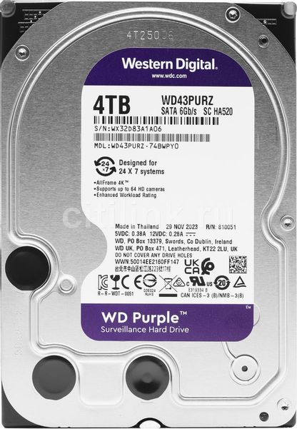 Жесткий диск WD Purple WD43PURZ,  4ТБ,  HDD,  SATA III,  3.5"