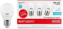 Упаковка ламп LED GAUSS E27,  шар, 6Вт, 3 шт.