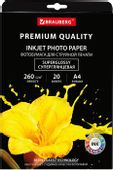 Фотобумага BRAUBERG 364004, A4, для струйной печати, 20л, 260г/м2, белый, покрытие высокоглянцевое