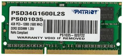 Оперативная память Patriot PSD34G1600L2S DDR3L -  1x 4ГБ 1600МГц, для ноутбуков (SO-DIMM),  Ret