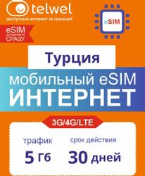 Изображение товара eSim-карта TELWEL Travel пакет Турция 5Гб 30 дней