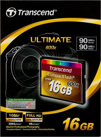 Карта памяти CF Transcend 16 ГБ, 600X, TS16GCF600, 1 шт., без адаптера
