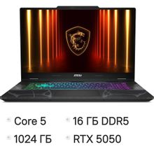 Изображение товара Ноутбук игровой MSI Cyborg 17 B2RWEKG-280XRU, 17.3", IPS, Intel Core 5 210H 2.2ГГц, 8-ядерный, 16ГБ DDR5, 1ТБ SSD,  NVIDIA GeForce  RTX 5050 для ноутбуков - 8 ГБ, TGP 45Вт,  FreeDOS,  черный [9s7-17u332-280]