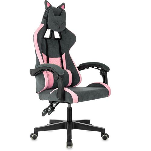 Кресло игровое KNIGHT Киса (Kitty), ткань, до 120кг, механизм наклона спинки, шарнирные подлокотники, серый/розовый