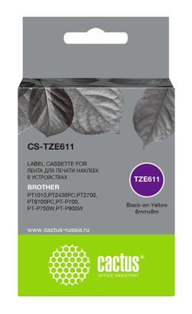 Картридж Cactus CS-TZE611, TZe-611, 6мм, черный шрифт, желтый фон, 8м, CS-TZE611