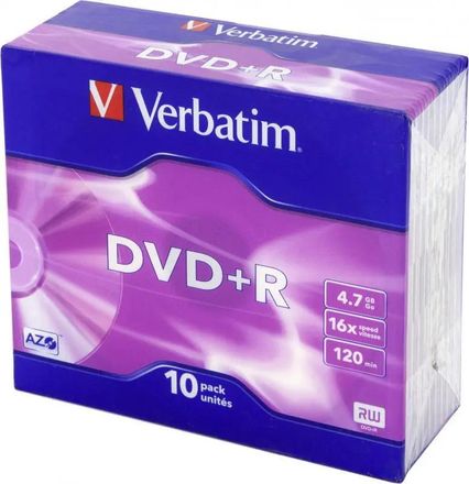 Оптический диск DVD+R Verbatim 4.7ГБ 16x, 10шт., slim case [43657]