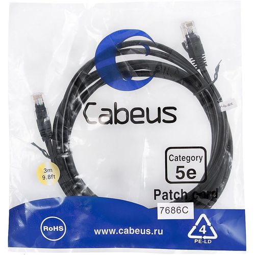 Патч-корд CABEUS вилка RJ-45, вилка RJ-45, кат.5E, LSZH, 3м, черный [pc-utp-rj45-cat.5e-3m-bk-lszh]