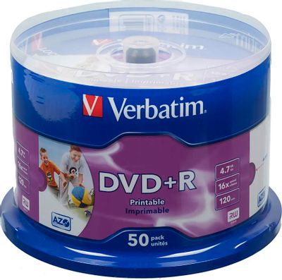 Оптический диск DVD+R Verbatim 4.7ГБ 16x, 50шт., cake box, printable [43512]