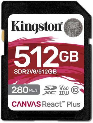 Карта памяти SDXC UHS-II Kingston Canvas React Plus 512 ГБ, 280 МБ/с, Class 10, SDR2V6/512GB,  1 шт., без адаптера