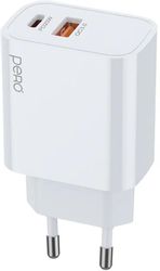 Изображение товара Сетевое зарядное устройство PERO ТС24W, USB-A, USB-C, 20Вт, 3A, белый Изображение товара Сетевое зарядное устройство PERO ТС24W, USB-A, USB-C, 20Вт, 3A, белый