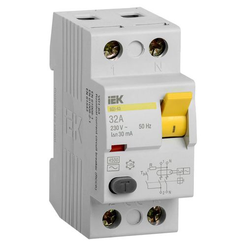 Выключатель дифф. тока (УЗО) IEK ВД1-63 (MDV10-2-032-030) 32A 2П 230В 2 модуля белый (упак.:1шт)