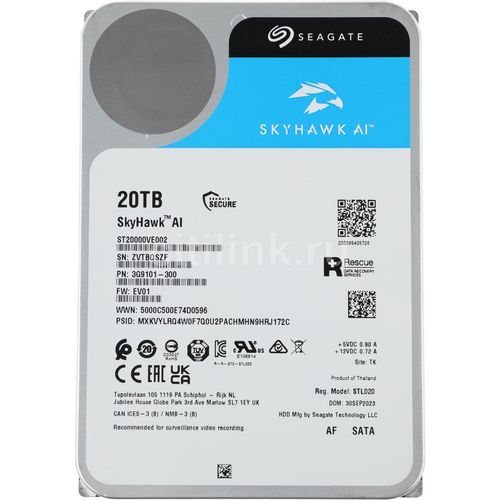 Жесткий диск Seagate SkyHawkAI ST20000VE002, 20ТБ, HDD, SATA III, 3.5″, 7200об/мин
