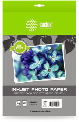 Фотобумага Cactus CS-GA4200100ED, A4, для струйной печати, 100л, 200г/м2, белый, покрытие глянцевое
