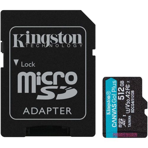 Карта памяти microSDXC UHS-I U3 Kingston Canvas Go! Plus 512 ГБ, 200 МБ/с, Class 10, SDCG4/512GB, 1 шт., переходник SD