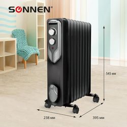 Масляный радиатор SONNEN DFN-09BL, с терморегулятором, 9 секций, 3 режима, черный