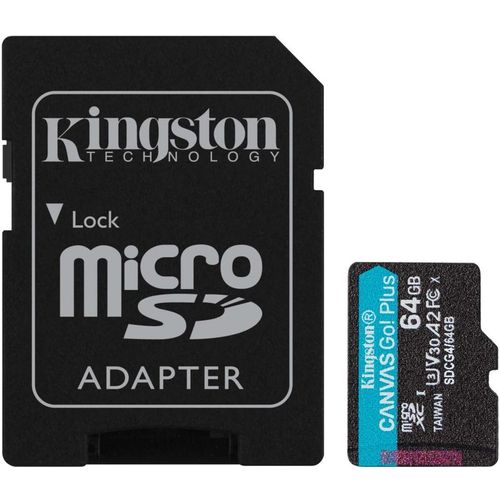 Карта памяти microSDXC UHS-I U3 Kingston Canvas Go! Plus 64 ГБ, 200 МБ/с, Class 10, SDCG4/64GB, 1 шт., переходник SD