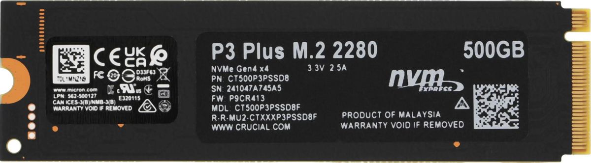 SSD накопитель Crucial P3 Plus CT500P3PSSD8 500ГБ, M.2 2280, PCIe
