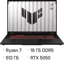 Изображение товара Ноутбук игровой ASUS TUF Gaming A18 FA808UH-S8052, 18", 2025, IPS, AMD Ryzen 7 260 3.8ГГц, 8-ядерный, 16ГБ DDR5, 512ГБ SSD,  NVIDIA GeForce  RTX 5050 для ноутбуков - 8 ГБ, TGP 115Вт,  без операционной системы,  серый [90nr0nm1-m002k0]