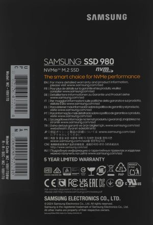 1ТБ SSD накопитель Samsung 980 MZ-V8V1T0BW M.2 2280, PCIe 3.0 x4