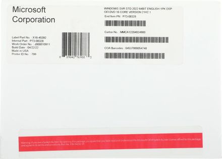 Операционная система Microsoft Windows Server Std 2022 64Bit Eng 1pk DSP OEI DVD 16 Core (P73-08328)