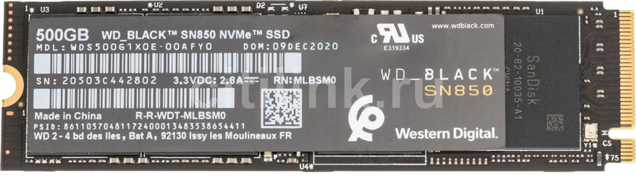 SSD накопитель WD Black SN850 WDS500G1X0E 500ГБ, M.2 2280, PCIe 4.0 x4,  NVMe