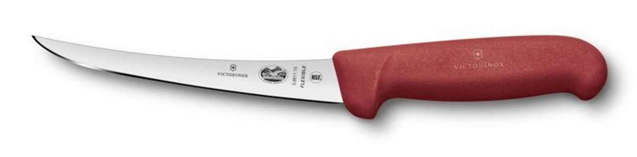 Нож кухонный Victorinox Fibrox, обвалочный, 150мм, заточка прямая, стальной, красный [5.6611.15]