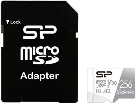 Карта памяти microSDXC UHS-I U3 Silicon Power Superior 256 ГБ, 100 МБ/с, Class 10, SP256GBSTXDA2V20SP, 1 шт., переходник SD