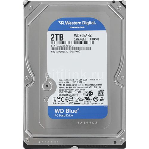2ТБ Жесткий диск WD Blue WD20EARZ, SATA III, 3.5", 5400об/мин