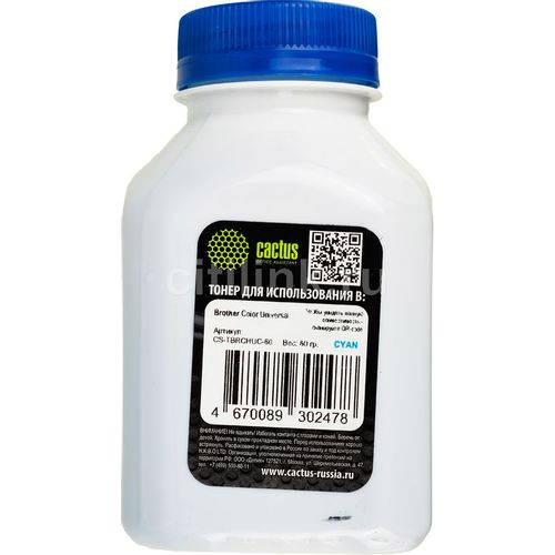 Тонер Cactus CS-TBRCHUC-60, для Brother Color Universal TN-230/241/213/217/320/421, голубой, 60грамм, флакон