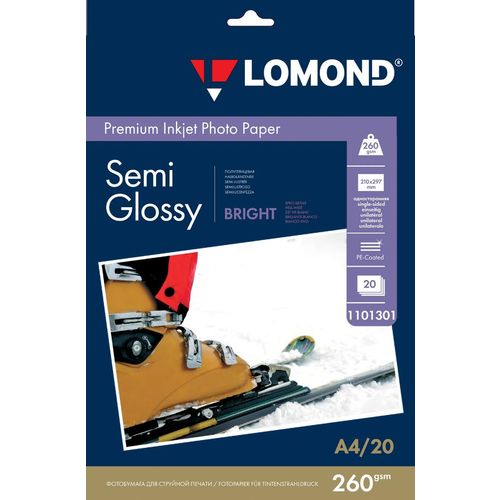 Фотобумага Lomond A4, для струйной печати, 20л, 260г/м2, белый, покрытие полуглянцевое [1103301]