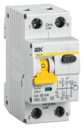Автоматический выключатель дифф. тока IEK АВДТ 32 (MAD22-5-032-C-30) 32A тип C 6кА 1П+Н 230В 2 модуля белый (упак.:1шт)