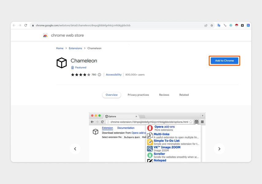 В магазине расширений для Chrome выберите Chameleon и установите его, нажав Add to Chrome