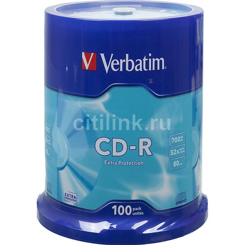 Оптический диск CD-R Verbatim 700МБ 52x, 100шт., cake box [43411]