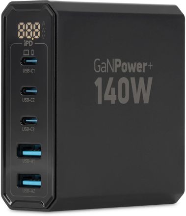Настольное зарядное устройство Digma DPW10A,  2xUSB-A,  3xUSB-C, 140Вт, 5A, черный [dpw1a4g024bk]