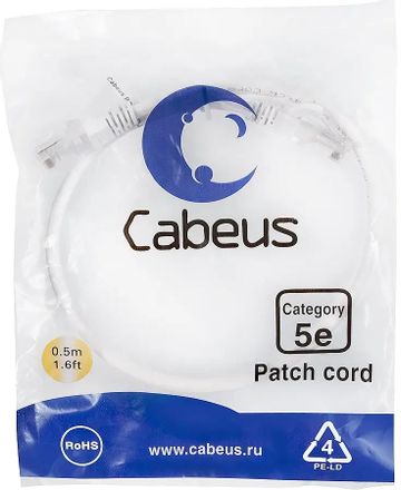Патч-корд CABEUS PC-UTP-RJ45-Cat.5e-0.5m-WH-LSZH, вилка RJ-45, вилка RJ-45, кат.5E, LSZH, 0.5м, белый