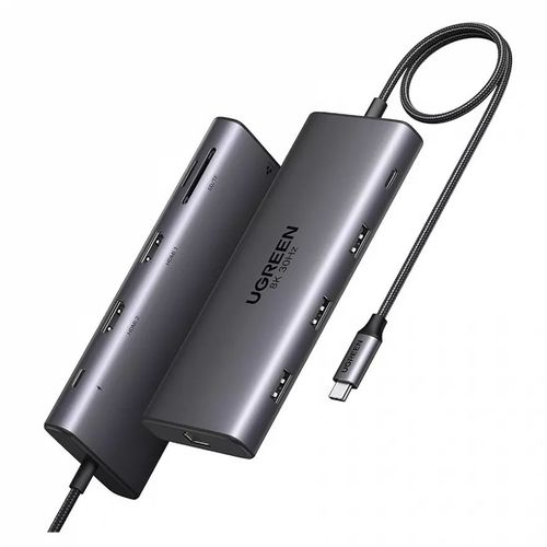 Порт-репликатор UGREEN CM639, USB Type-C, 2хHDMI, 1хRJ-45, 1хUSB Type-C, 1хUSB 3.0, 2хUSB, серый [15534]
