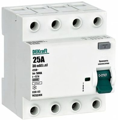 Выключатель дифф.тока УЗО DEKraft УЗО-03 (14233DEK) 25A 6kA 30мА AC 4П ...