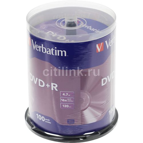 Оптический диск DVD+R Verbatim 4.7ГБ 16x, 100шт., cake box [43551]