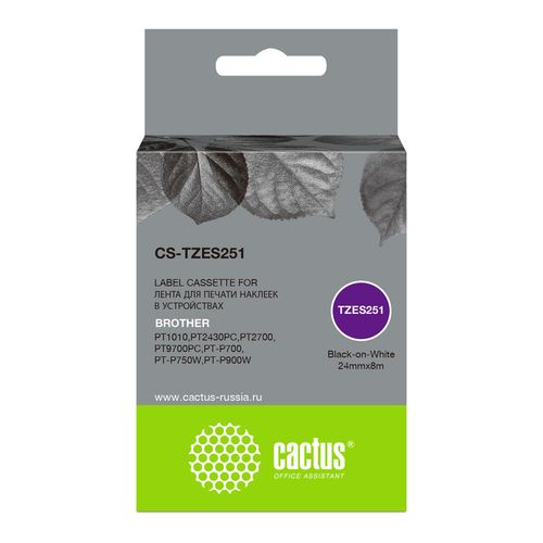 Картридж Cactus CS-TZES251, TZe-S251, 24мм, черный шрифт, белый фон, 8м, CS-TZES251