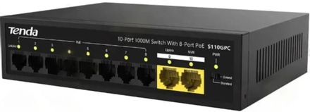Коммутатор TENDA S110GPC, неуправляемый, 10 RJ-45, 10/100/1000 Мбит/с