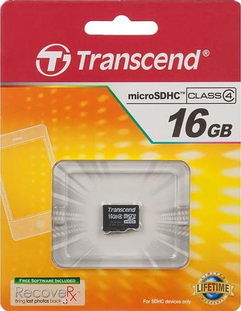 Карта памяти microSDHC Transcend 16 ГБ, Class 4, TS16GUSDC4, 1 шт., без адаптера