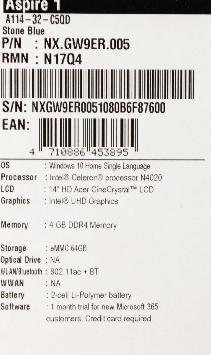 Ответы на вопросы о товаре ноутбук Acer Aspire 1 A114-32-C5QD NX.GW9ER.005,  14