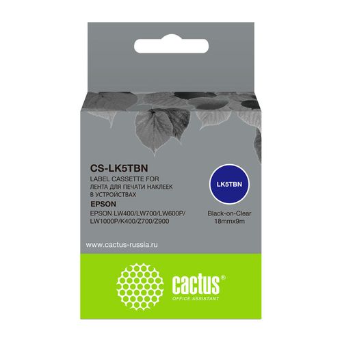 Картридж Cactus CS-LK5TBN, LK-5TBN, 18мм, черный шрифт, прозрачный фон, 9м, CS-LK5TBN